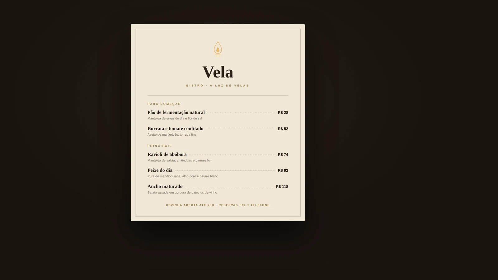 Conceito Vela — bistrô à luz de velas